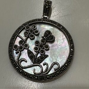 Mother-of-Pearl Floral Marcasite Pendant - Silver Tone